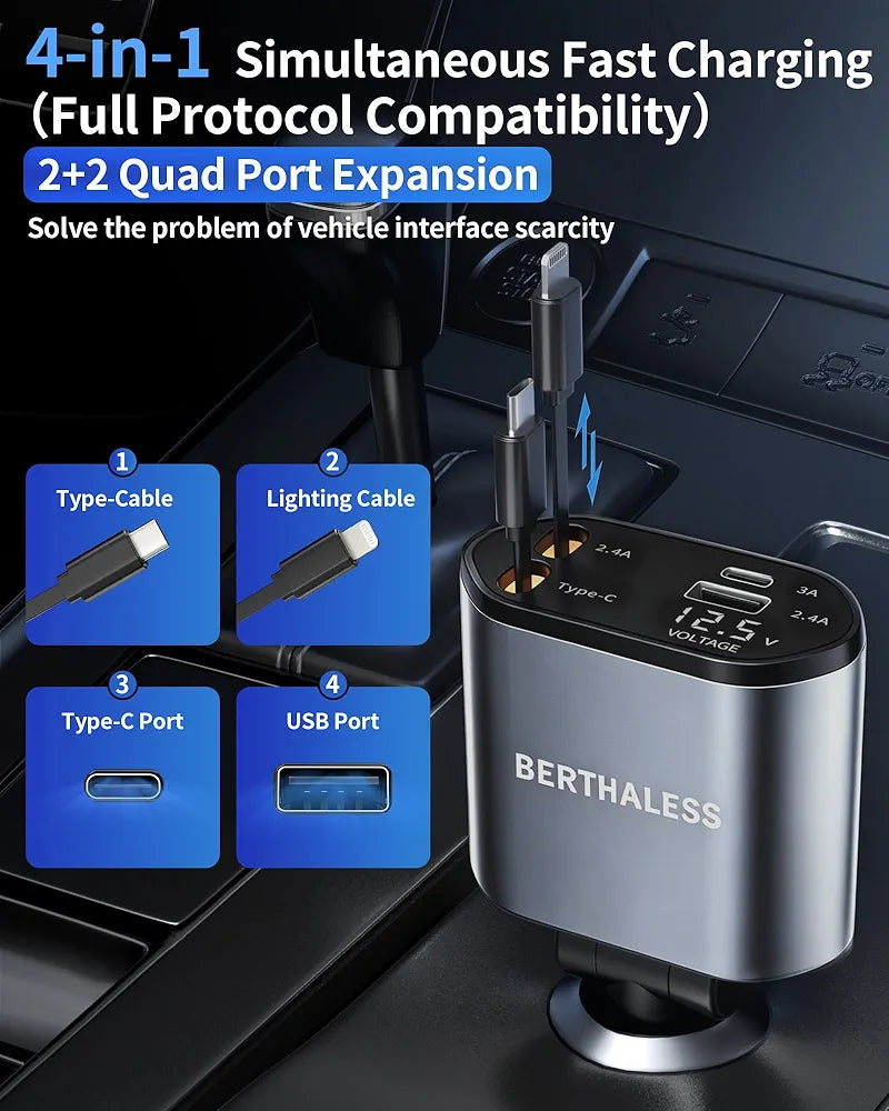 BERTHALESS Retractable Car Charger, 4 in 1 Fast Charging Car Charger with USB-C & USB-A, Compatible with iPhone 17/16/15/14/13/12/11,Galaxy,Pixel, Car Accessories for Men Women Drivers, Dad, Husband