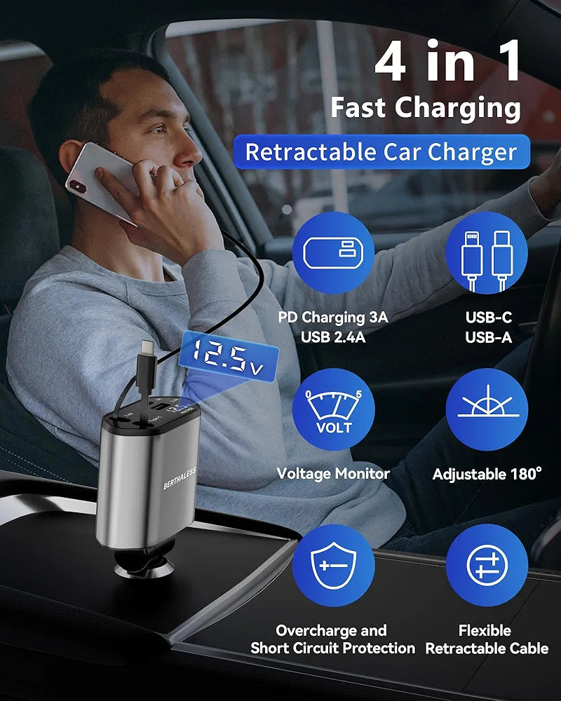 BERTHALESS Retractable Car Charger, 4 in 1 Fast Charging Car Charger with USB-C & USB-A, Compatible with iPhone 17/16/15/14/13/12/11,Galaxy,Pixel, Car Accessories for Men Women Drivers, Dad, Husband