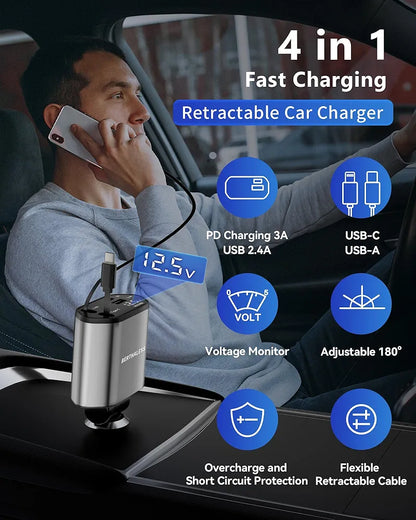 BERTHALESS Retractable Car Charger, 4 in 1 Fast Charging Car Charger with USB-C & USB-A, Compatible with iPhone 17/16/15/14/13/12/11,Galaxy,Pixel, Car Accessories for Men Women Drivers, Dad, Husband