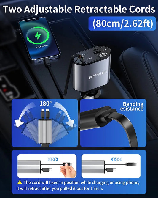 BERTHALESS Retractable Car Charger, 4 in 1 Fast Charging Car Charger with USB-C & USB-A, Compatible with iPhone 17/16/15/14/13/12/11,Galaxy,Pixel, Car Accessories for Men Women Drivers, Dad, Husband